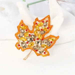 Yellow Crystal & Red Cubic Zirconia Maple Brooch
