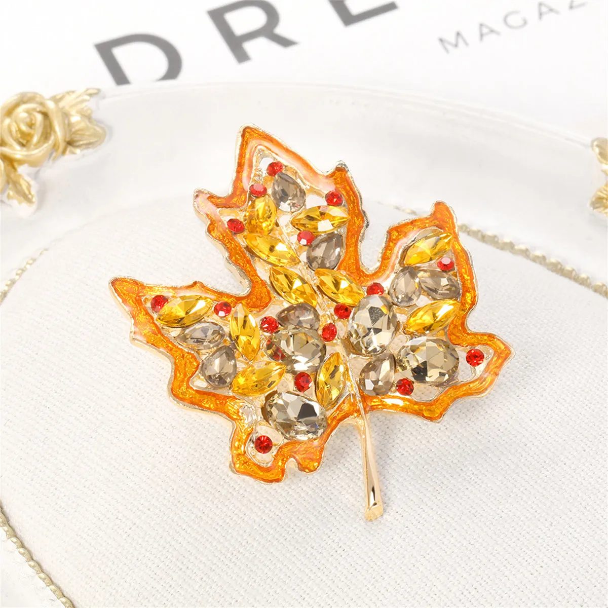 Yellow Crystal & Red Cubic Zirconia Maple Brooch