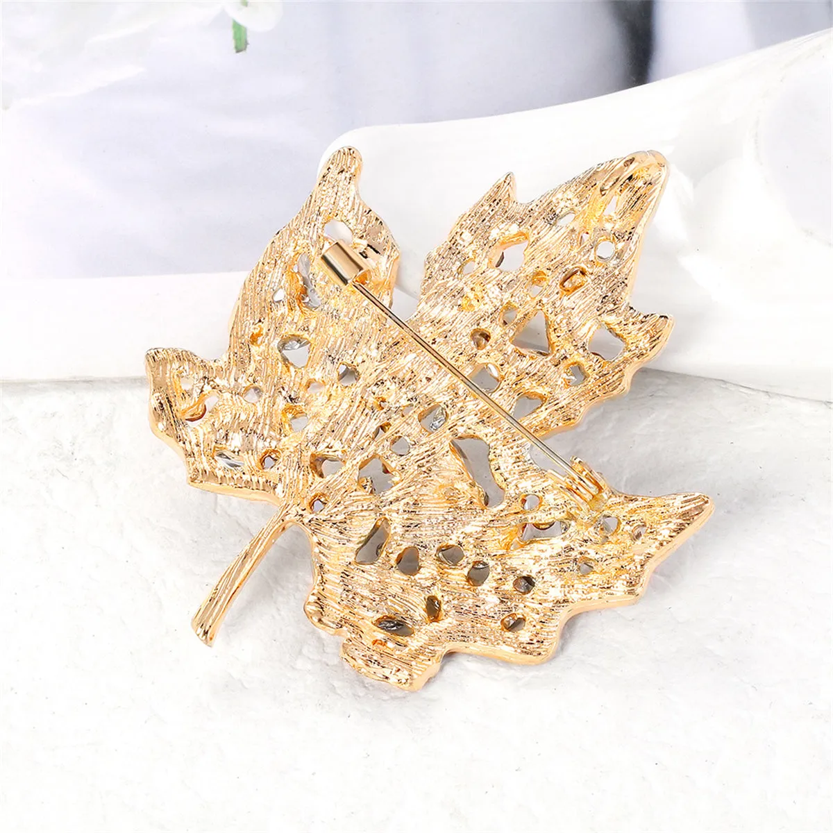 Yellow Crystal & Red Cubic Zirconia Maple Brooch