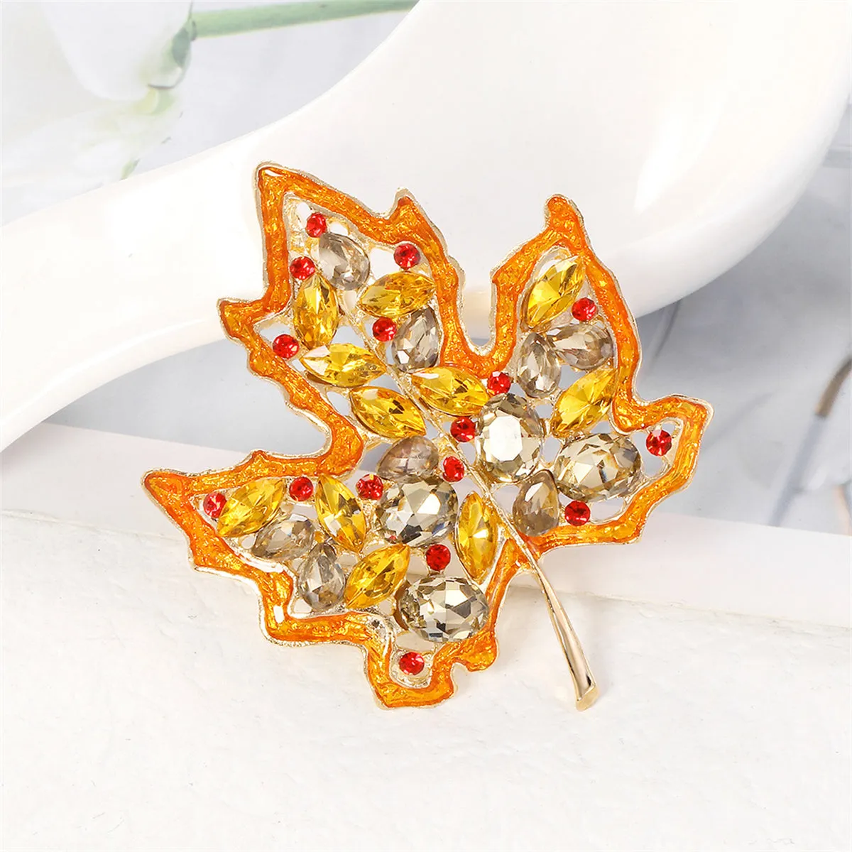 Yellow Crystal & Red Cubic Zirconia Maple Brooch