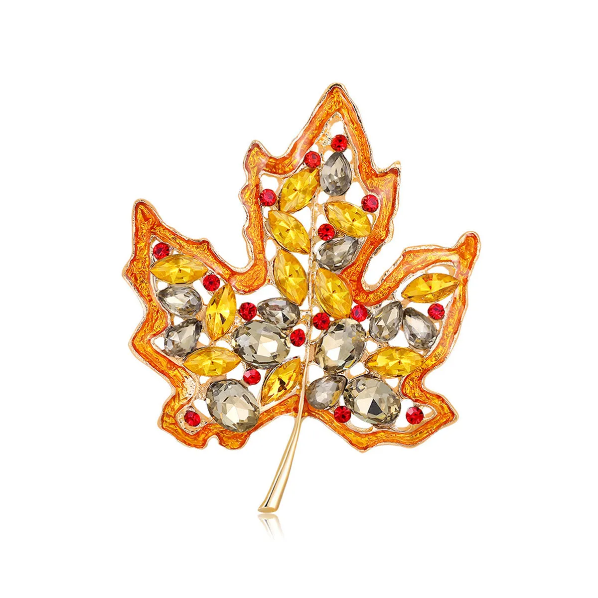 Yellow Crystal & Red Cubic Zirconia Maple Brooch