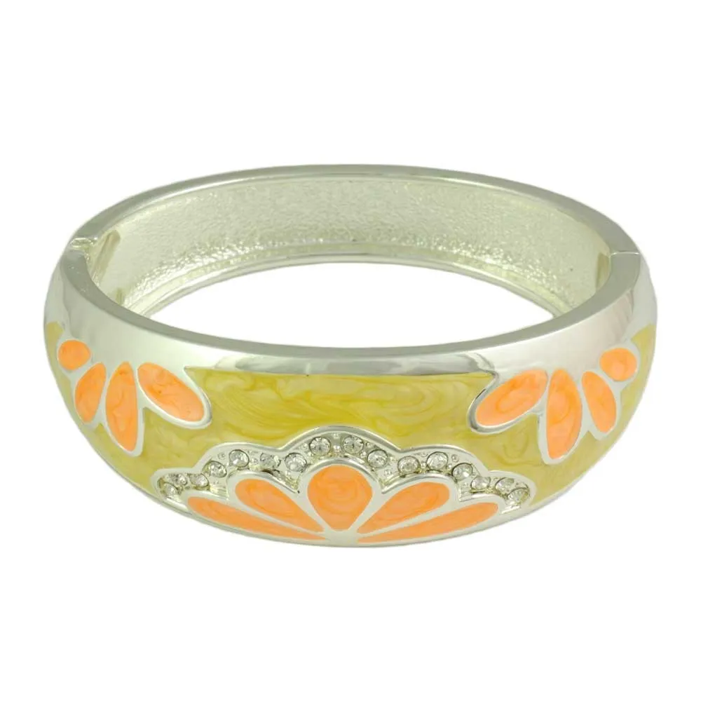 Yellow Enamel with Orange Flowers Hinged Bangle - BGR504