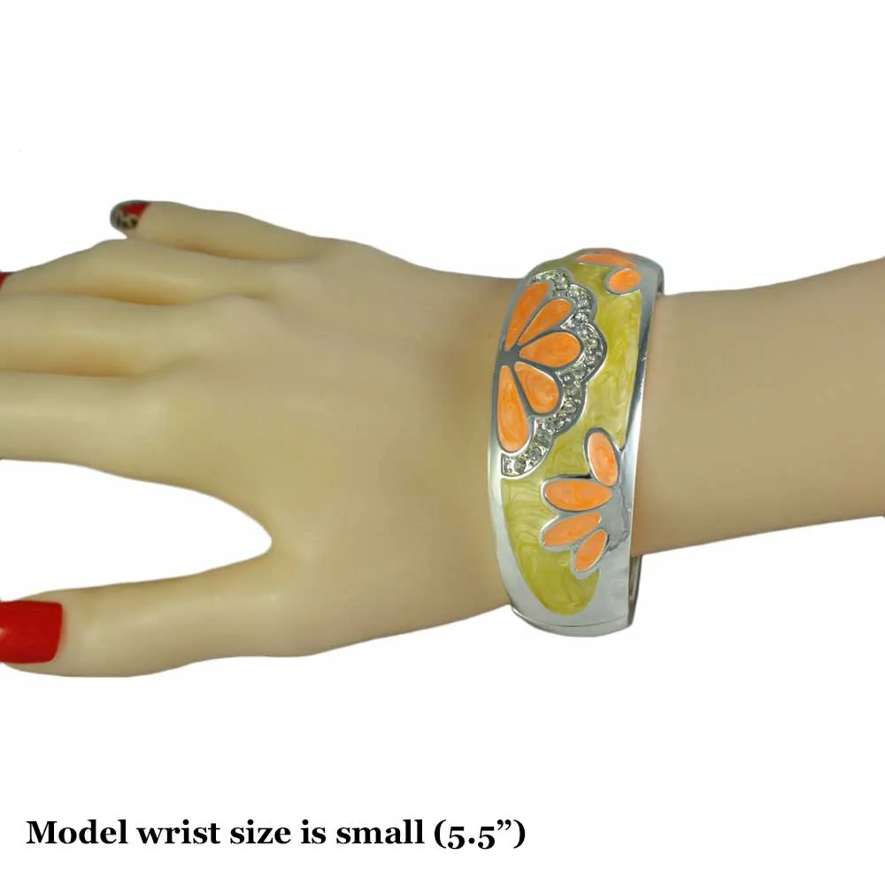 Yellow Enamel with Orange Flowers Hinged Bangle - BGR504