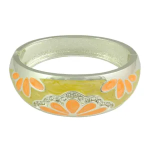 Yellow Enamel with Orange Flowers Hinged Bangle - BGR504