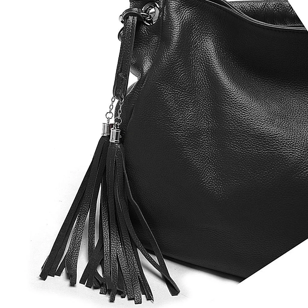 Zency 100% Soft Genuine Leather Tassel Women's Handbag Black White Ladies Shoulder Bags Messenger Satchel Crossbody Purse